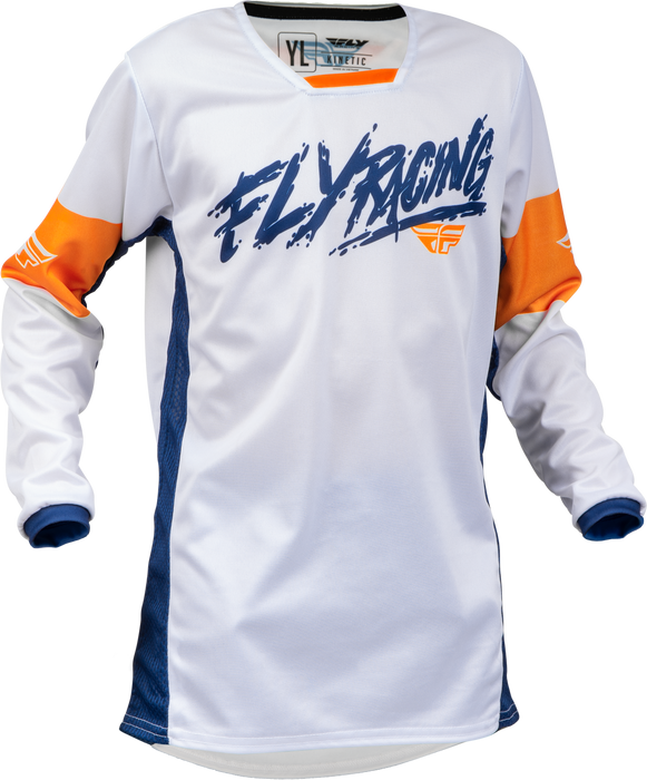 Fly Racing Youth Kinetic Khaos Jersey White/Navy/Orange Ym 376-425YM