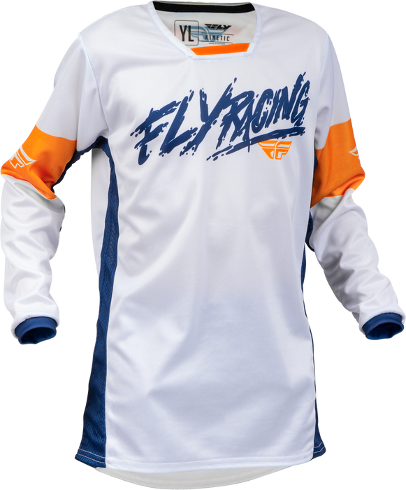 Fly Racing 2023 Kinetic Youth Khaos Jersey (White/Navy/Orange, Youth Large)