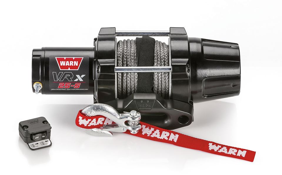 Warn Winch Vehicle Mounted; Atvs And Side By Sides; Waterproof; 12 Volt; 2500 Pound Line Pull Capacity; 50 Foot X 3/16 Inch Synthetic Rope; Black Hawse Fairlead; Handlebar Mounted Rocker Switch Control; Three-Stage Planetary Gear 101020