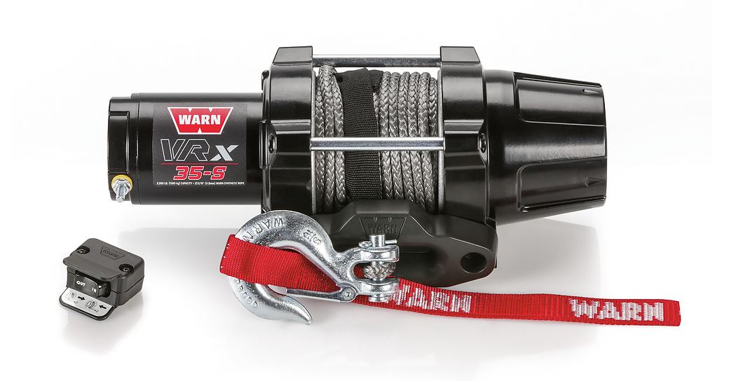 Warn Winch Vehicle Mounted; Atvs And Side By Sides; Waterproof; 12 Volt; 3500 Pound Line Pull Capacity; 50 Foot X 3/16 Inch Synthetic Rope; Black Hawse Fairlead; Handlebar Mounted Rocker Switch Control; Three-Stage Planetary Gear 101030