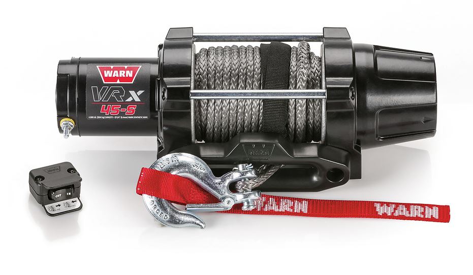 Warn Winch Vehicle Mounted; Atvs And Side By Sides; Waterproof; 12 Volt; 4500 Pound Line Pull Capacity; 50 Foot X 1/4 Inch Synthetic Rope; Black Hawse Fairlead; Dash Mounted Control Switch And Corded Remote Control; Three-Stage Planetary Gear 101040