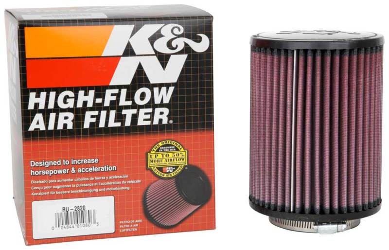 K&N RU-2820 Universal Clamp-On Air Filter: Round Straight; 3 in (76 mm) Flange ID; 6.5 in (165 mm) Height; 5 in (127 mm) Base; 5 in (127 mm) Top