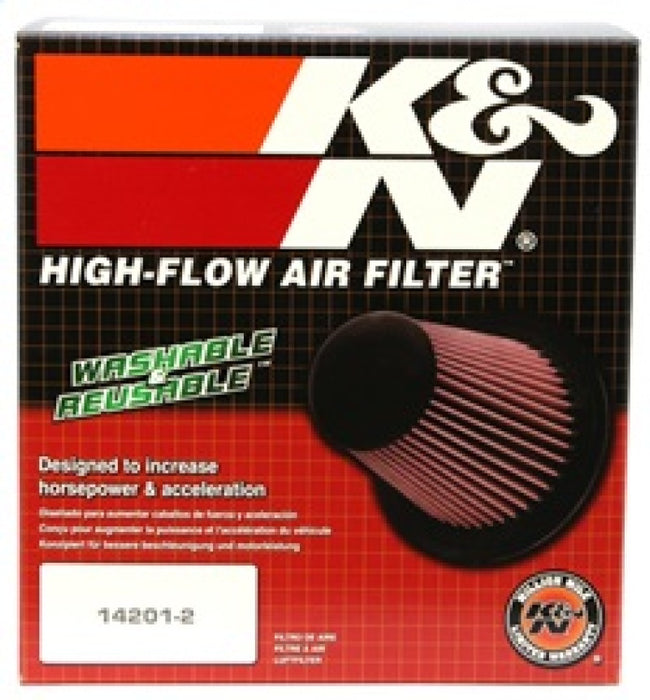 K&N RD-1450 Universal Clamp-On Air Filter: Round Straight; 4 in (102 mm) Flange ID; 6 in (152 mm) Height; 7 in (178 mm) Base; 7 in (178 mm) Top