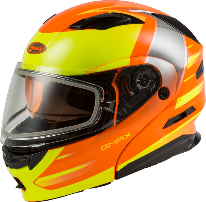 GMAX MD-01S Descendant, DOT Approved Modular Helmet, Dual Lens Shield for Snow & Motor Sports, (NEON Orange/HI-VIS, Large)