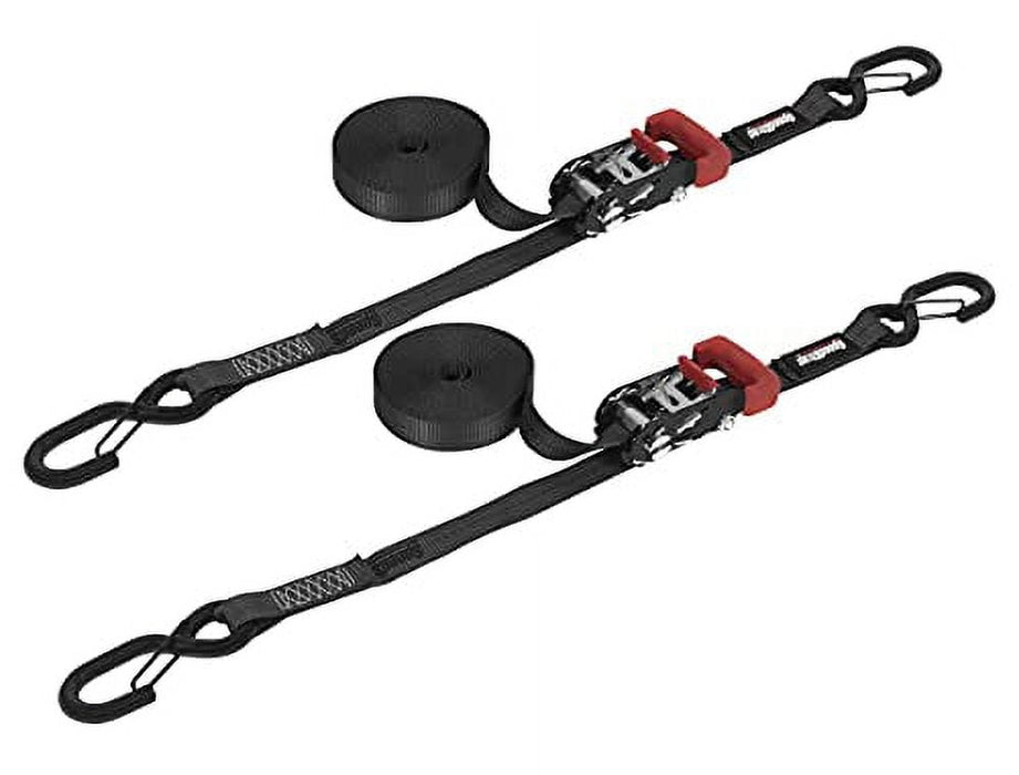SpeedStrap 1" x 15' Heavy Duty Ratchet Strap Tie Downs with Snap 'S' Hooks - 2 Pack (Black)