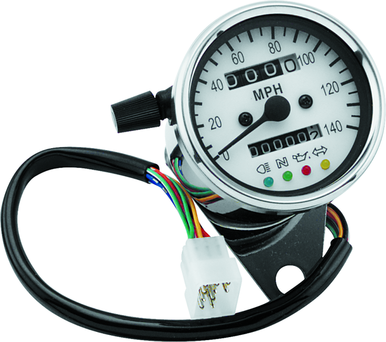 Bikers Choice 2.5 Inch Chrome 2:1 Universal Mini Speedo w LED Indicators White Face 140 Mph 490291