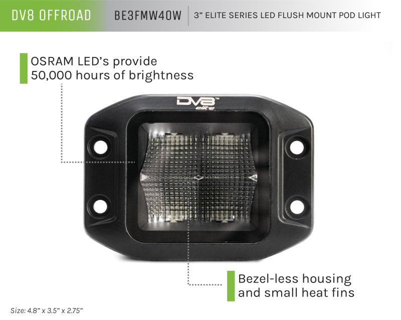 DV8 Offroad Elite Series 3in Cube LED Light 40W Spot 3W LED BE3FMW40W