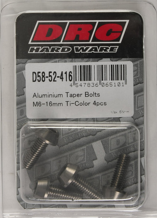 4/PC DRC ALUM M6 TAPER BOLTS 16MM TI-COLOR