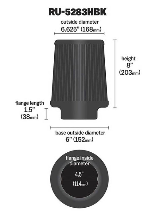 K&N Universal Clamp-On Air Filter: High Performance, Premium, Washable, Replacement Filter: Flange Diameter: 4.5 In, Filter Height: 8 In, Flange Length: 1.5 In, Shape: Round Tapered, RU-5283HBK