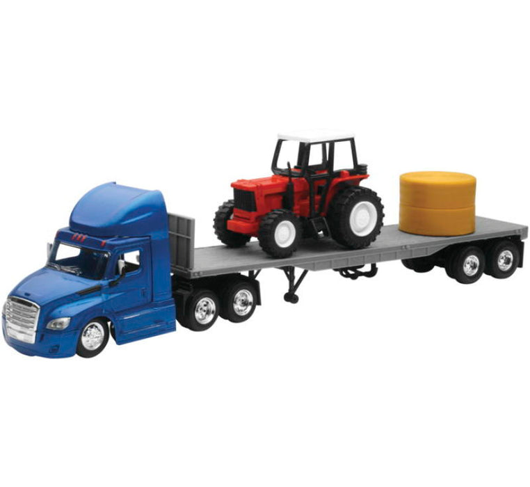 New Ray Toys 16083 1-43 Scale Freightliner Cascadia Flatbed with Farm Tractor & Hay  Blue  Pack of 12