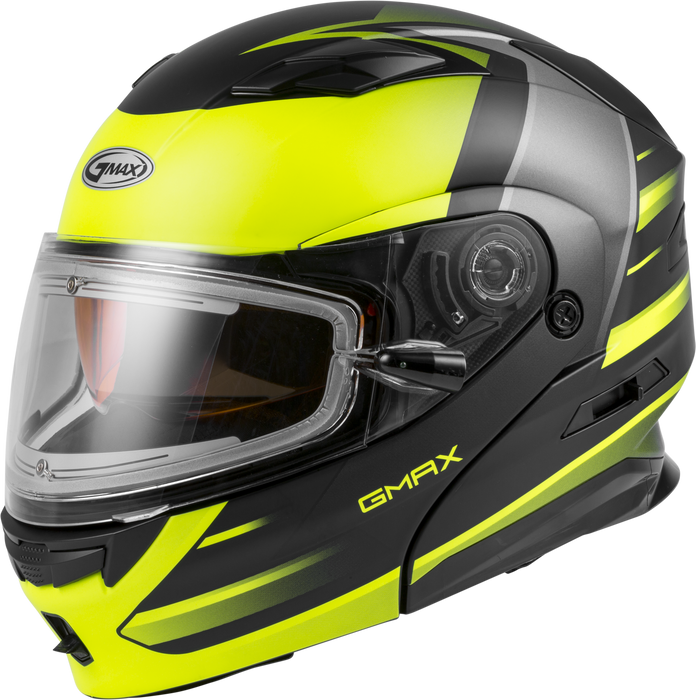 GMAX MD-01S Descendant, DOT Approved Modular Helmet, Electric Dual Lens Shield for Snow & Motor Sports, (Matte Black/HI-VIS, X-Large)