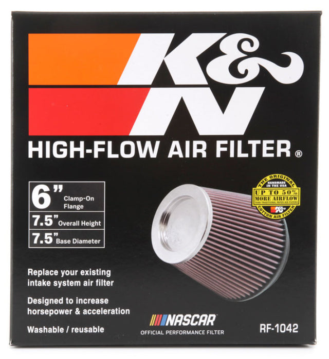 K&N RF-1042 Universal Clamp-On Engine Air Filter: Washable and Reusable: Round Tapered; 6 in (152 mm) Flange ID; 6.5 in (165 mm) Height; 7.5 in (191 mm) Base; 5 in (127 mm) Top