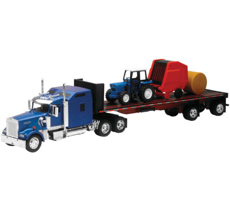 New Ray Toys SS-10353E 1:32 Long Hauler - fits Kenworth™ W900 Flatbed with Farm Tractor and Haybale