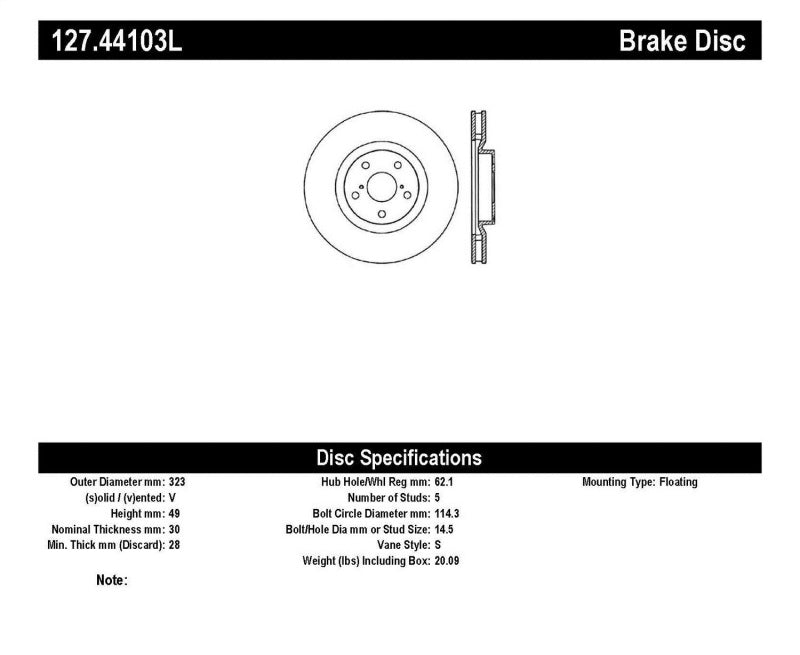 Stoptech Sport Drilled & Slotted Brake Rotor; Front Left 127.44103L