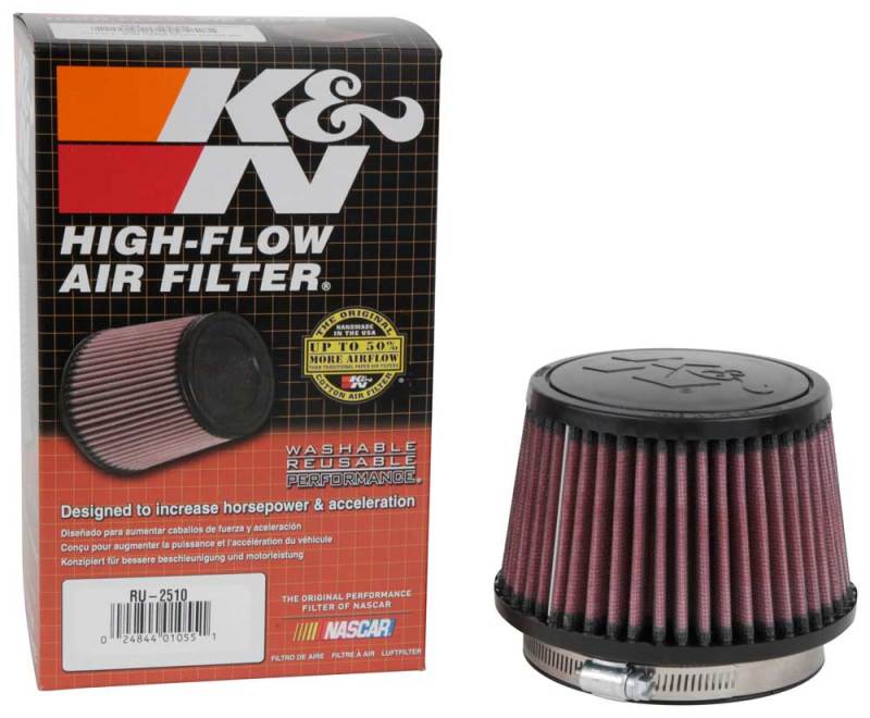 K&N Universal Clamp-On Engine Air Filter: Washable and Reusable: Round Tapered; 4 in (102 mm) Flange ID; 3.5 in (89 mm) Height; 5.375 in (137 mm) Base; 4.375 in (111 mm) Top , RU-2510