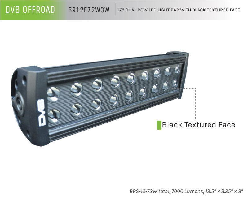 Dv8 Offroad Br12E72W3W 12 In. Dual Row Led Light Bar; Black Face12 In. Dual Row Led Light Bar; Black Face BR12E72W3W