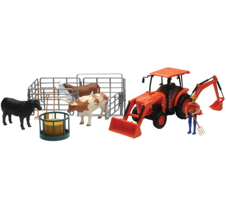 New Ray 1/18 Plastic Kubota Tractor with Figure, Animals & Fence SS-33313