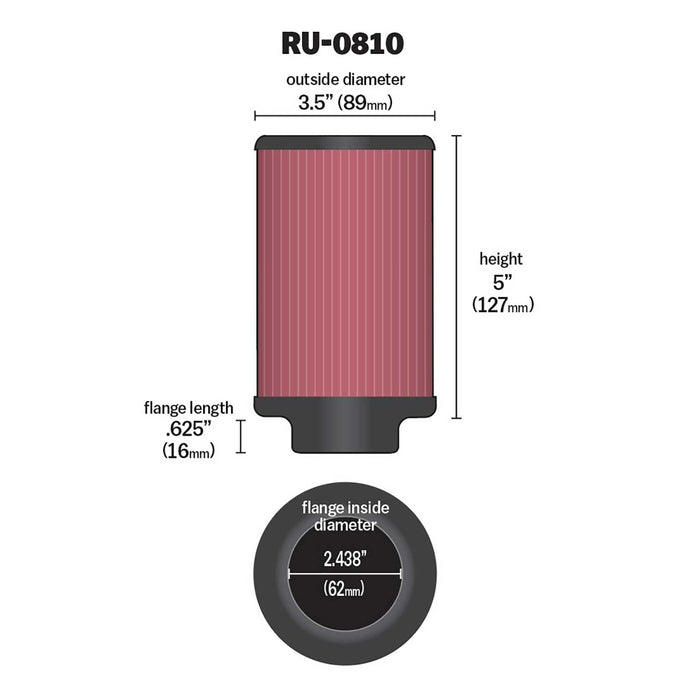 K&N Universal Clamp-On Air Intake Filter: High Performance, Premium, Washable, Replacement Air Filter: Flange Diameter: 2.4375 In, Filter Height: 5 In, Flange Length: 0.625 In, Shape: Round, RU-0810