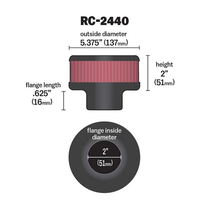 K&N Universal Clamp-On Air Intake Filter: High Performance, Premium, Washable, Replacement Air Filter: Flange Diameter: 2 In, Filter Height: 2 In, Flange Length: 0.625 In, Shape: Round, RC-2440