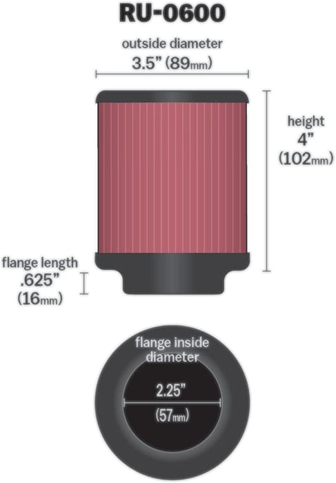 K&N Universal Clamp-On Air Intake Filter: High Performance, Premium Washable Replacement Air Filter: Flange Diameter: 2.25 In, Filter Height: 4 In, Flange Length: 0.625 In, Shape: Round, RU-0600,Black