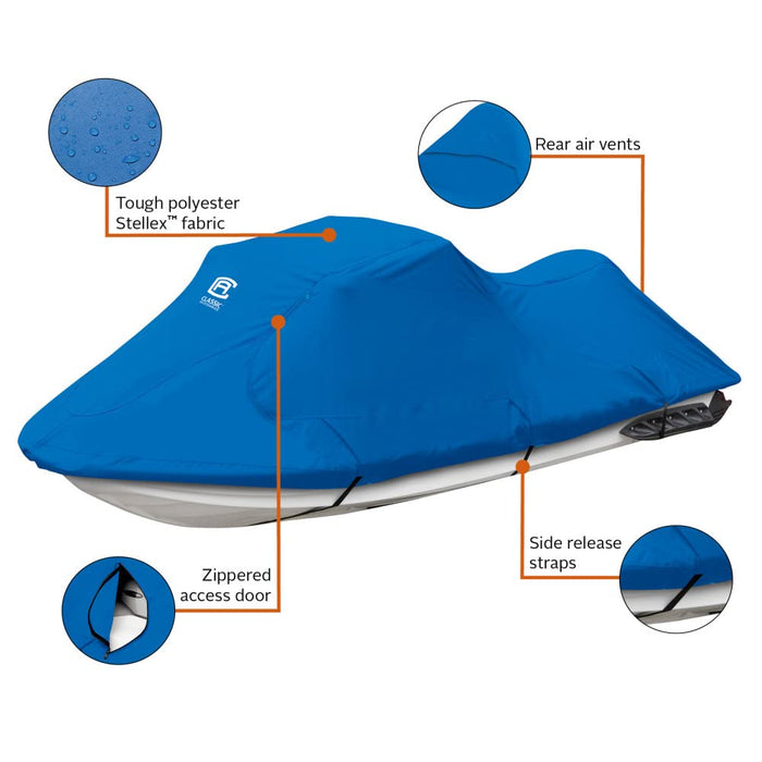 Classic Accessories Stellex™ Jet Ski Cover, Fits Personal Watercrafts 140" L Trailerable Jet Ski Cover with Polyester Fade-Resistant Fabric, Large, Blue