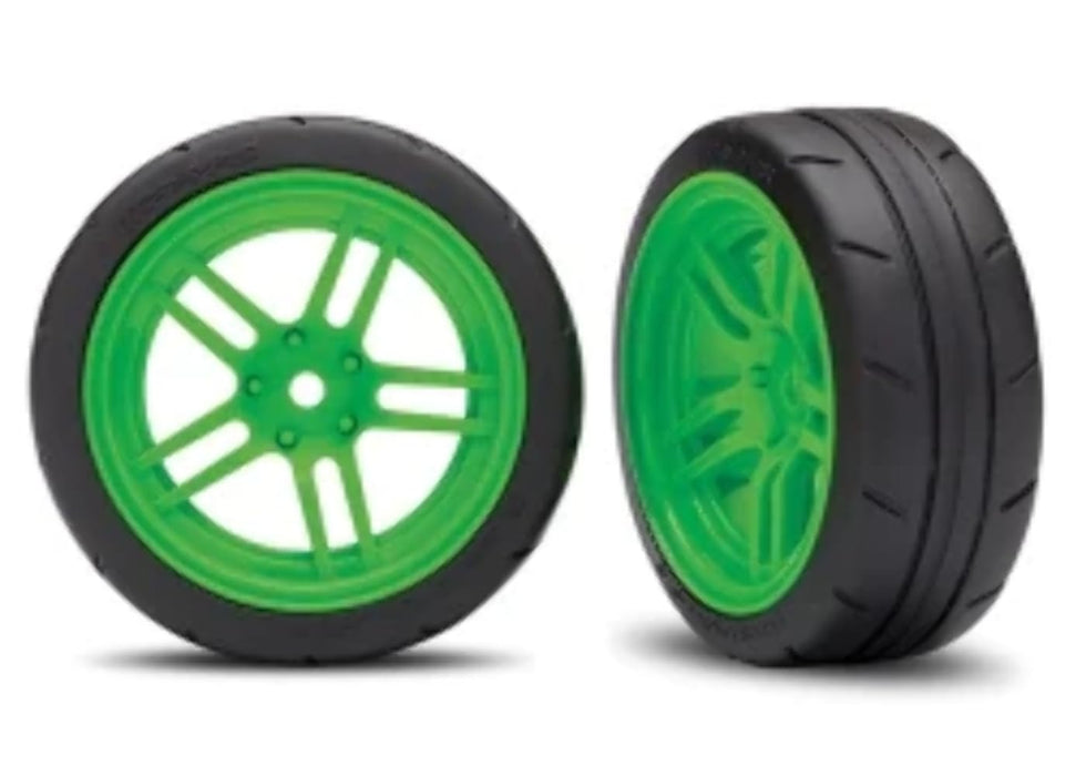 Traxxas 8373G Assembled Green Split-Spoke Wheels with 1.9" Response Tires (front)