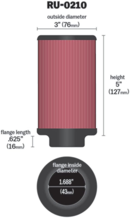 K&N Universal Clamp-On Air Filter: High Performance, Premium, Washable, Replacement Engine Filter: Flange Diameter: 1.6875 In, Filter Height: 5 In, Flange Length: 0.625 In, Shape: Round, RU-0210