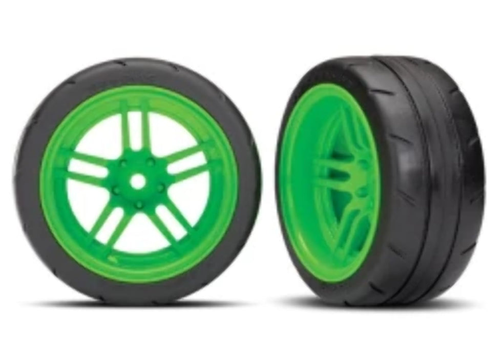 Traxxas 8374G Assembled Green Split-Spoke Wheels with 1.9" Response Tires (rear)