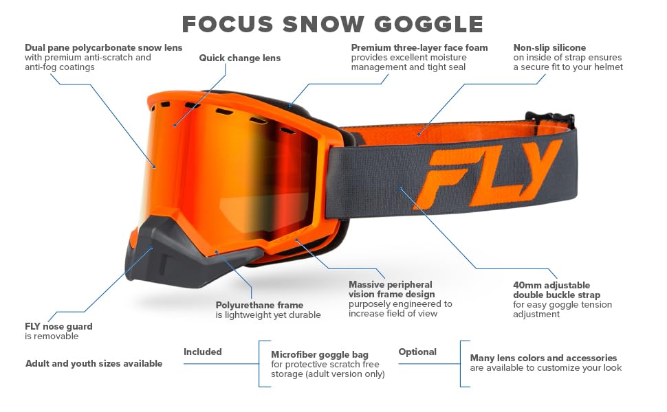 Fly Racing 2023 Focus Snow Goggle (Grey/Orange W/Red Mirror/Rose Lens, Adult)