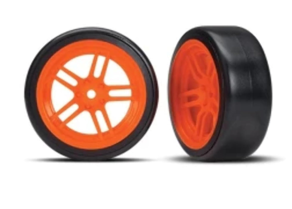 Traxxas TRA8376A Tires and wheels assembled glued (split-spoke orange wheels 1.9' Drift tires) (front)