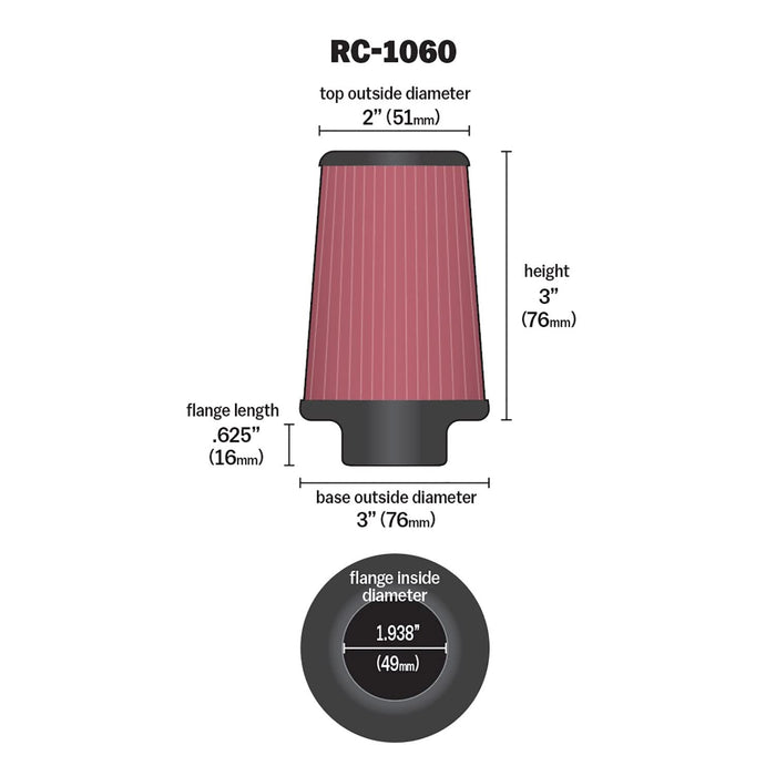 K&N Universal Clamp-On Air Filter: High Performance, Premium, Replacement Engine Filter: Flange Diameter: 1.9375 In, Filter Height: 3 In, Flange Length: 0.625 In, Shape: Round Tapered, RC-1060