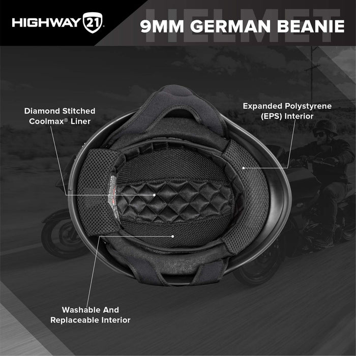 Highway 21 9-Millimeter German Beanie Helmet, Half Shell Motorcycle Gear, Black