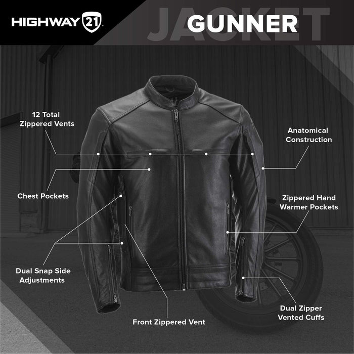 Highway 21 Gunner Jacket, Leather Motorcycle Gear With Zippered Vents And Mesh Lining, Unisex Adult Riding Apparel (Black, Medium) #6049 489-1014~3