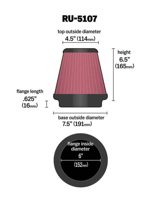 K&N Universal Air Filter 6in Flange / 7-1/2in Base / 4-1/2in Top / 6-1/2in Height RU-5107