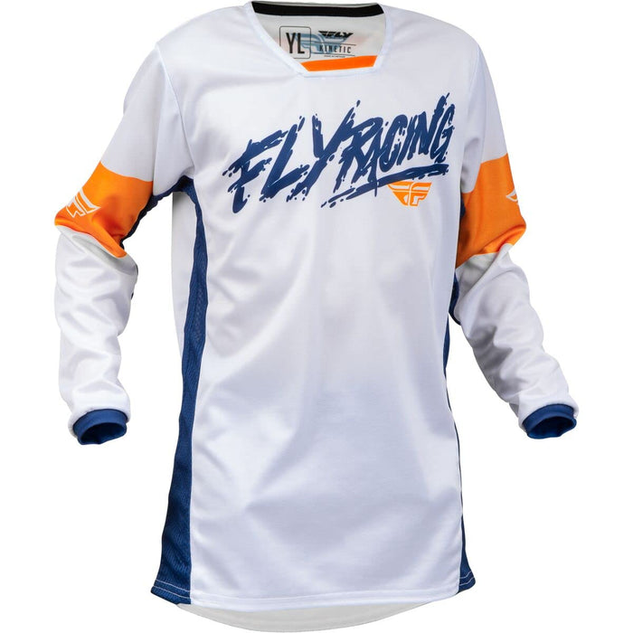 Fly Racing 2023 Kinetic Youth Khaos Jersey (White/Navy/Orange, Youth Medium)