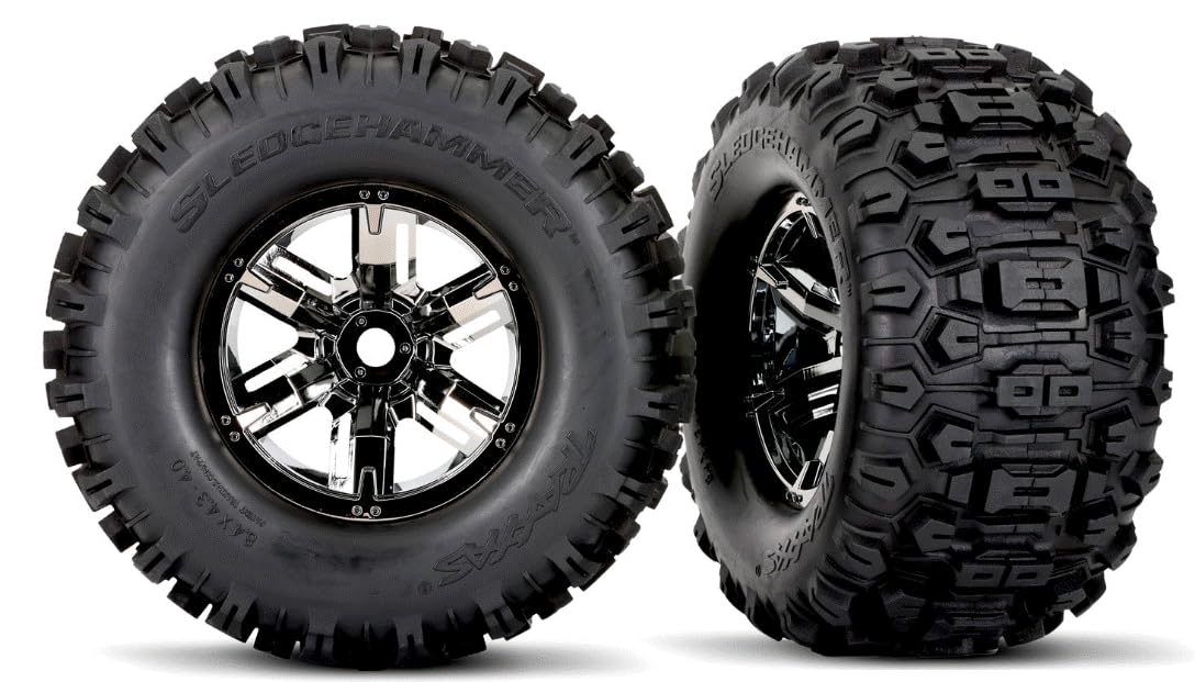 7871X Belted Sledgehammer Tires Mounted to X-Maxx Black Chrome Wheels (Pair)