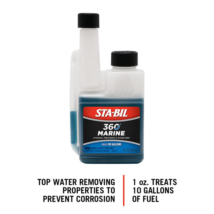 STA-BIL 360 Marine Ethanol Treatment & Fuel Stabilizer - Full Fuel System Cleaner - Fuel Injector Cleaner - Removes Water- Protects Fuel System - Treats 80 Gallons - 8 Fl. Oz. (22239),Black