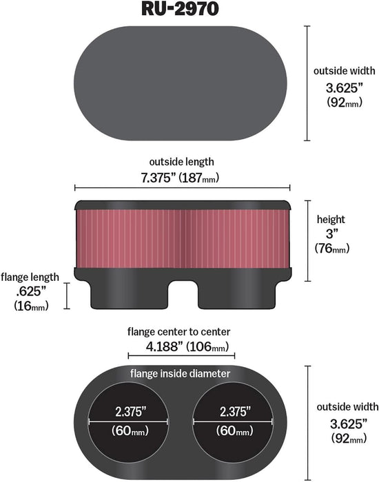 K&N Universal Clamp-On Air Intake Filter: High Performance, Premium, Washable, Replacement Air Filter: Flange Diameter: 2.375 In, Filter Height: 3 In, Flange L: 0.625 In, Shape: Oval, RU-2970, black