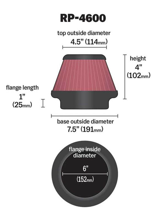 K&N Universal Round Tapered Carbon Fiber Air Filter 6in Flg ID Centered/7.5in B OD/4.5in T OD/4in H RP-4600