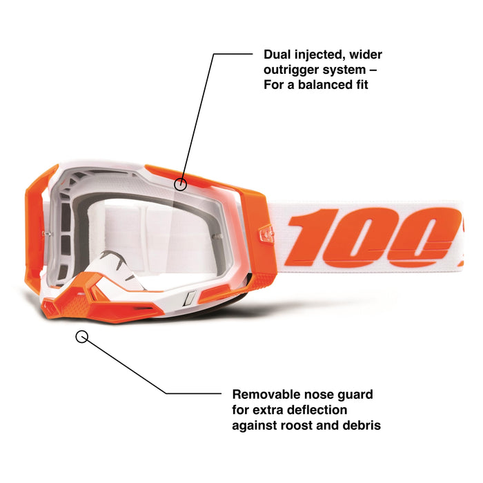 100% Racecraft 2 Mountain Bike & Motocross Goggles - MX and MTB Racing Protective Eyewear (Orange - Clear Lens)