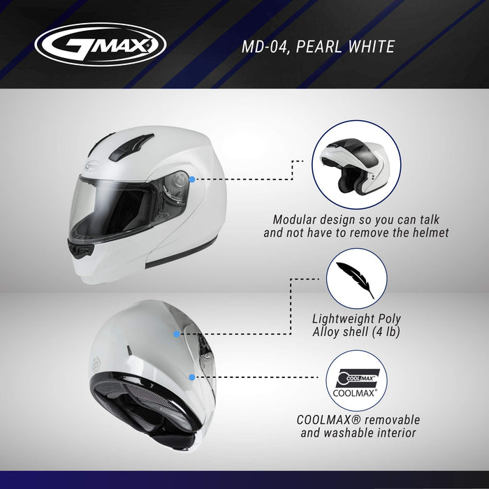 GMAX MD-04, DOT Approved Modular Helmet for Motorcycles, Scooters, Spyders, Mopeds and More (Pearl White)