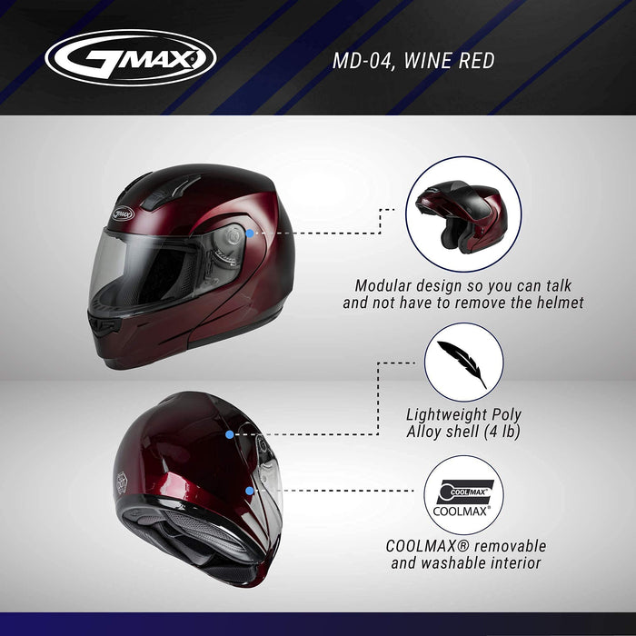 GMAX MD-04 Modular Helmet - Wine Red (Medium)