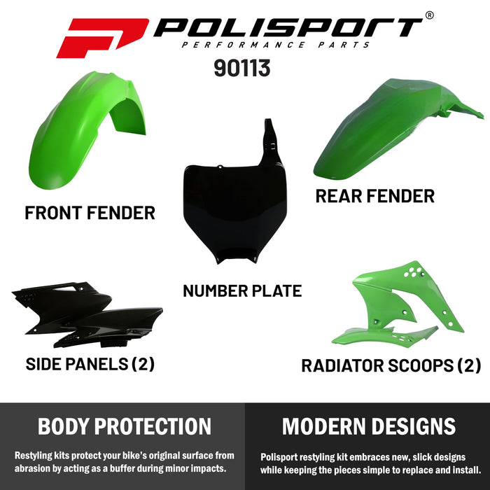 Polisport Full Plastic Kit for Kawasaki KX250 (2006-2008) OEM Quality Restyling Kit with Superior Fit, Flexibility, and Durability (Green/Black)