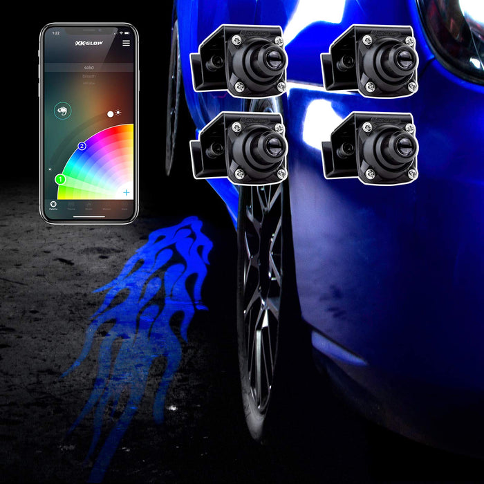 CurbFX 4pc Bluetooth XKchrome App Control Waterproof LED Projector Welcome Light Flame Style