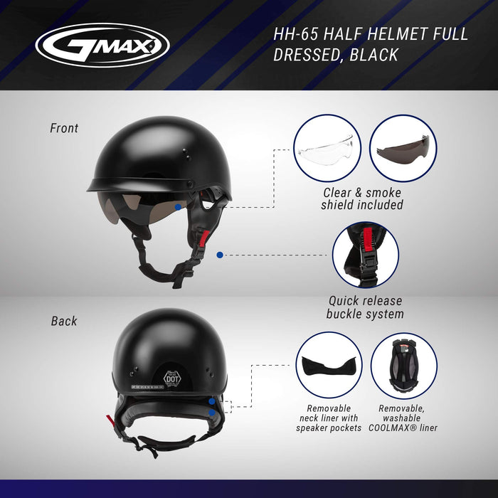 GMAX HH-65 Full Dressed Motorcycle Street Half Helemet (Black, Large)