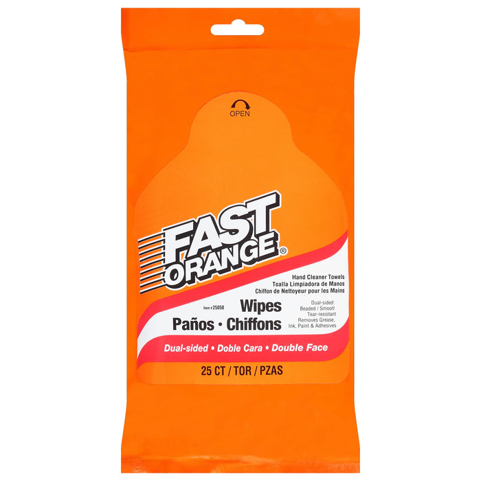 Fast Orange 25050 Hand Cleaner Wipes, Mechanic Wipes For Auto Shop, Heavy Duty Wipes, Removes Grease, Oil, Exhaust Fumes From Hands And Skin, 25 Count