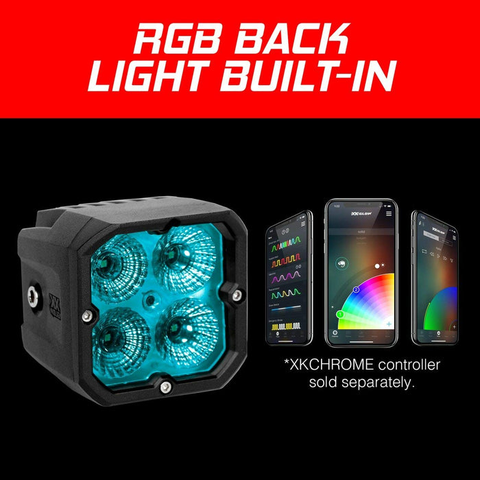 XK Glow XKchrome 20w LED Cube Light w/ RGB Accent Light Driving Beam XK065001-D