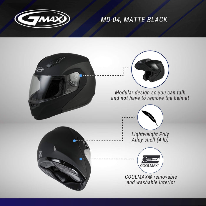 GMAX MD-04 Modualar Dual Sport Helmet (Matte Black/Grey, Large)