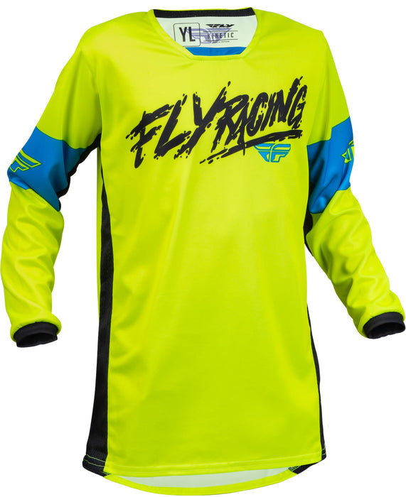 Fly Racing 2023 Kinetic Youth Khaos Jersey (Hi-Vis/Black/Cyan, Youth Large)