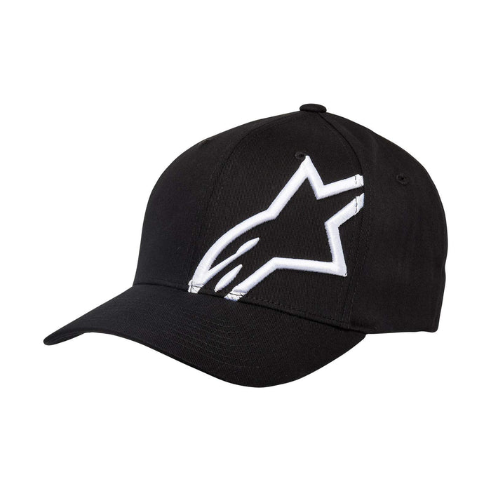 ALPINESTARS Men's Curved Bill Structured Crown Flex Back 3D Embroidered Logo Flexfit Hat, Corp Shift 2 Black/White, S/M